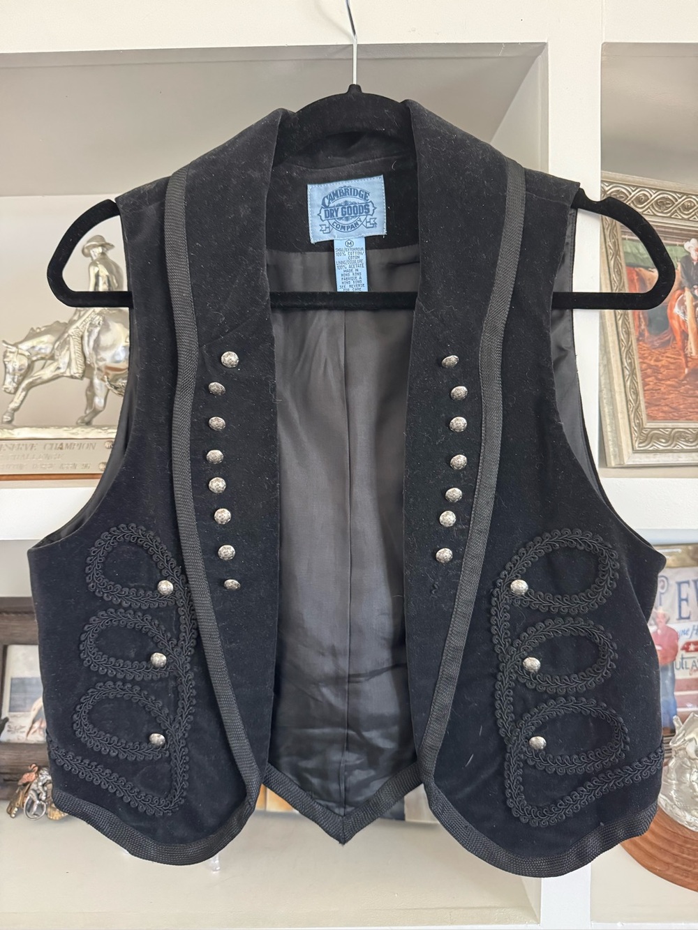 Cambridge Dry Goods Vintage Vest Black Velvet Silver Buttons Sz M
